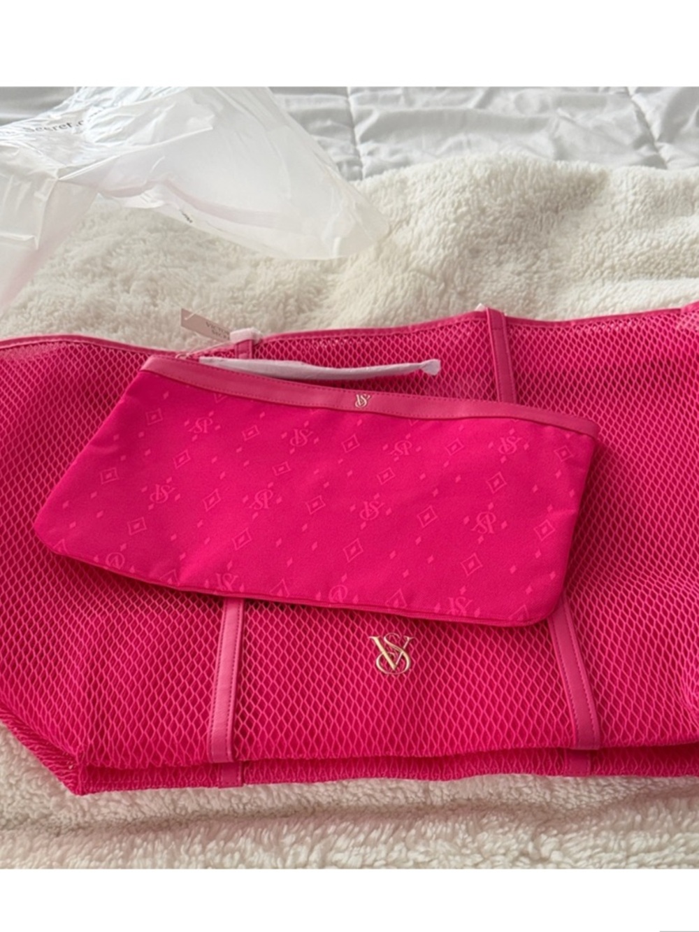 Victoria's Secret Bright Pink Mesh Tote with Pouch